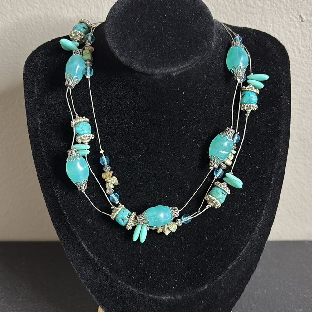Treska Blue Turquoise Beaded Layered Wire Boho Western Necklace